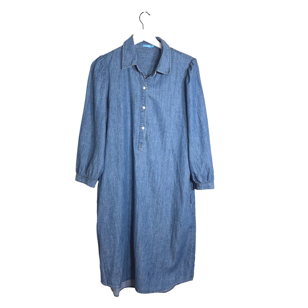 J.McLaughlin Womens Blue Denim Chambray Shirt Dress Midi Pockets Size L - Picture 1 of 15